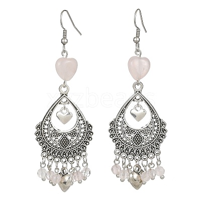 Natural Rose Quartz Heart Chandelier Earrings EJEW-JE05364-01-1