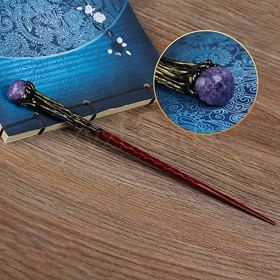 Natural Lepidolite/Purple Mica Stone Magic Wand with Wooden Findings PW-WG44227-16-1