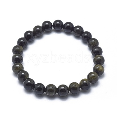 Natural Golden Sheen Obsidian Bead Stretch Bracelets X-BJEW-K212-B-020-1