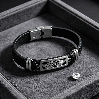 304 Stainless Steel & Black Imitation Leather Cord Bracelets for Men WG9A637-02-1