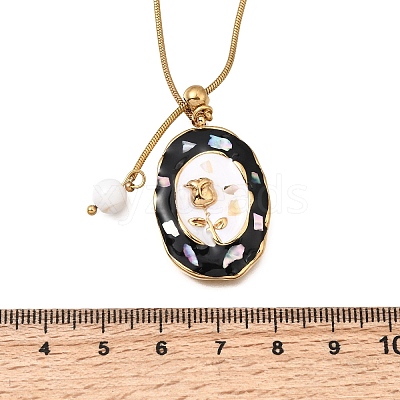 304 Stainless Steel Enamel Rose Flower Black Oval Pendant Round Snake Chain Lariat Necklaces for Women NJEW-A073-01G-1