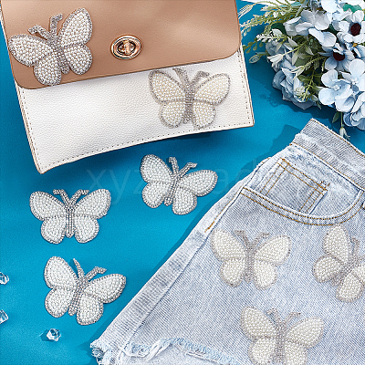 10Pcs Butterfly Rhinestone with Plastic Pearl Cloth Patches PATC-PH0001-20-1