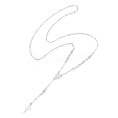 304 Stainless Steel Virgin Cross Pendant Rosary Bead Necklaces NJEW-JN05416-1
