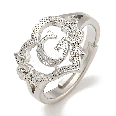Heart with Letter & Flower Rack Plating Brass Adjustable Rings for Women RJEW-I105-05P-G-1