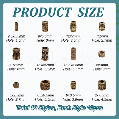 120Pcs 12 Styles Tibetan Style Alloy Tube Beads FIND-PH0020-80-1