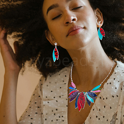 Leaf Alloy with Imitation Leather Pendant Necklace & Stud Dangle Earring SJEW-CL0001-02-1
