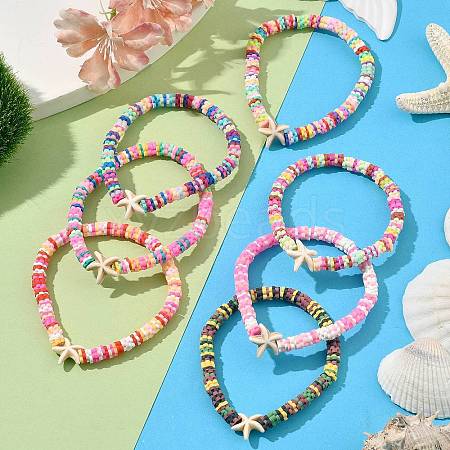 7Pcs 7 Colors Handmade Plum Polymer Clay & Synthetic Turquoise Beads Stretch Bracelets for Women BJEW-JB11537-1