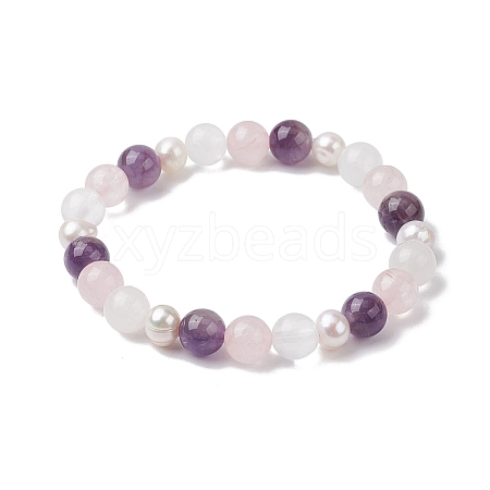 Natural Rose Quartz & Amethyst & Pearl Round Beaded Stretch Bracelets for Women BJEW-JB11041-03-1