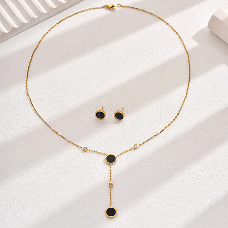 18K Gold Plated Stainless Steel Flat Round Lariat Necklace & Stud Earrings FS9568-1