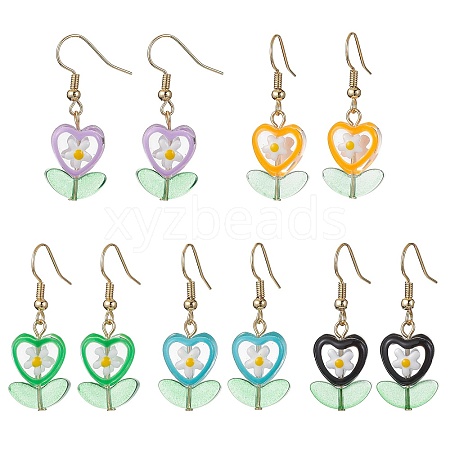 Glass Flower & Lampwork Leaf Dangle Earrings EJEW-JE05524-1