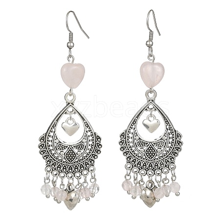 Natural Rose Quartz Heart Chandelier Earrings EJEW-JE05364-01-1