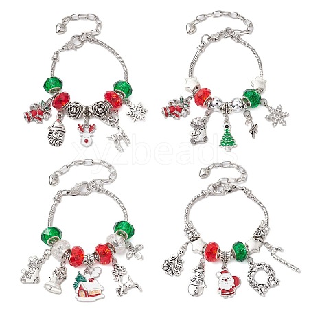 4Pcs 4 Styles Christmas Theme Glass & Alloy European Beads Bracelet Sets for Women BJEW-JB11198-1