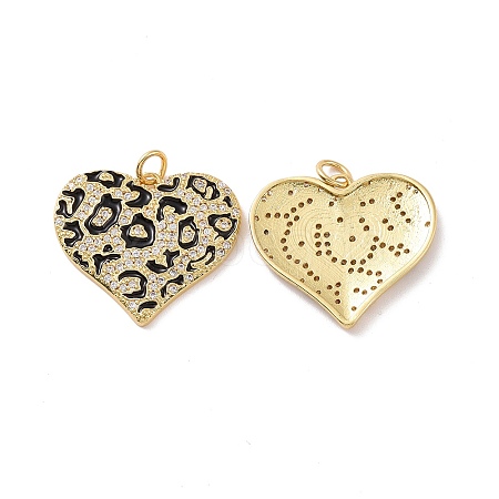 Heart with Leopard Print Pattern Brass Micro Pave Clear Cubic Zirconia Charms X-KK-G435-35G-1