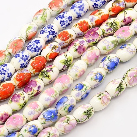 Handmade Flower Printed Porcelain Barrel Beads Strands PORC-L005-A-M-1