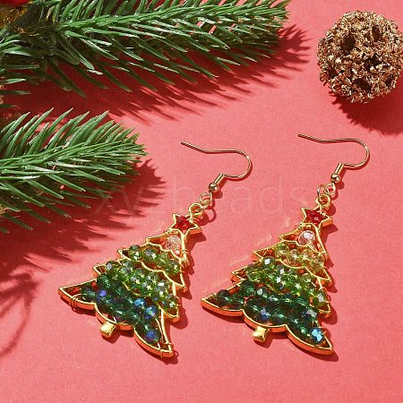 Glass Beaded Christmas Tree Dangle Earrings EJEW-JE05270-1