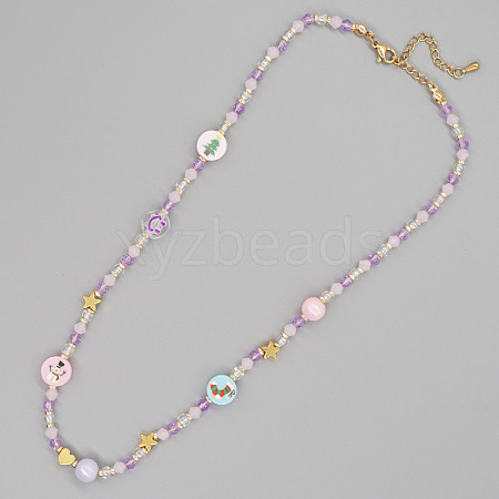 Christmas Theme Glass & Imitaiton Pearl & Brass Bicone Flat Round Beaded Necklaces GF3195-6-1