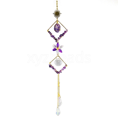 Wire Wrapped Natural Amethyst Chips & Metal Rhombus Hanging Ornaments PW-WG8E26C-01-1