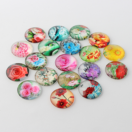 Flower Printed Glass Cabochons X-GGLA-A002-10mm-BB-1