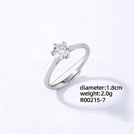 Flat Round Platinum Brass Adjustable Ring with Cubic Zirconia EG7863-4-1
