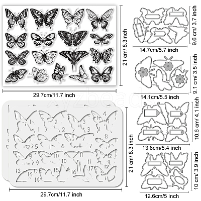 4Pcs Butterfly Carbon Steel Cutting Dies Stencils with PET Hollow Out Drawing Painting Stencils Sets & 1Pc PVC Plastic Stamps DIY-GL0004-149-1