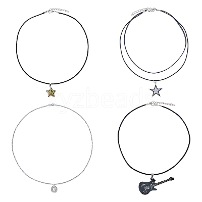4Pcs 4 Style Star & Guitar Natural Dalmatian Jasper & Alloy Pendant Necklaces Set with Waxed Polyester Cords NJEW-FI0001-16-1