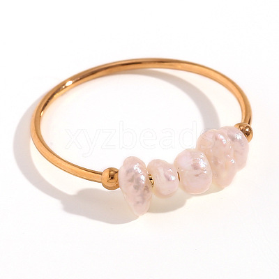 Nuggets Stainless Steel & Natural Freshwater Pearl Beads Finger Rings WG1BE4A-01-1