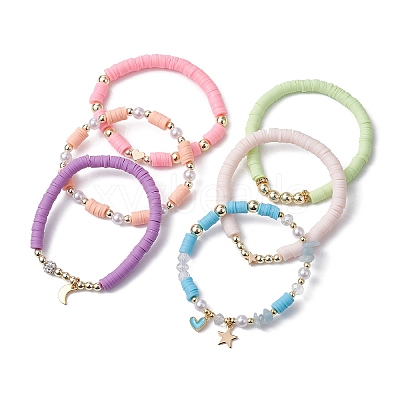6Pcs 6 Style Polymer Clay & ABS Plastic Pearl Beaded Stretch Bracelets Set BJEW-JB09674-1