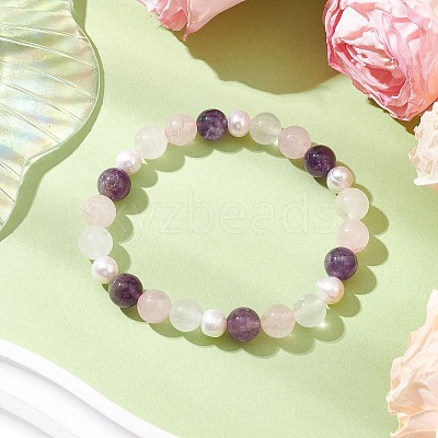 Natural Rose Quartz & Amethyst & Pearl Round Beaded Stretch Bracelets for Women BJEW-JB11041-03-1