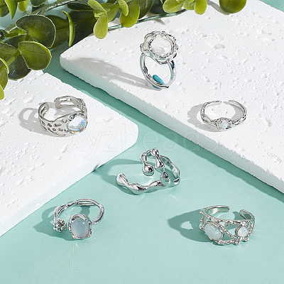 6Pcs 6 Styles Synthetic Moonstone & Cat Eye Open Cuff Rings Set RJEW-AN0001-09-1