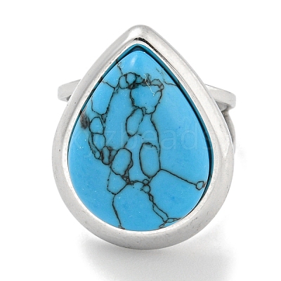 304 Stainless Steel Synthetic Turquoise Cuff Rings G-Z056-09P-02-1