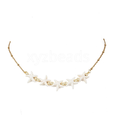 Ocean Dyed Synthetic Turquoise Starfish Beaded Bib Necklaces with 304 Stainless Steel Satellite Chains NJEW-JN05979-02-1