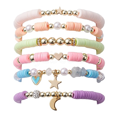 6Pcs 6 Style Polymer Clay & ABS Plastic Pearl Beaded Stretch Bracelets Set BJEW-JB09674-1