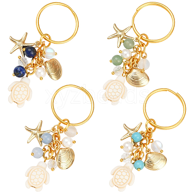4Pcs 4 Colors Ocean Series Natural White Jade & Lapis Lazuli & Green Aventurine & Synthetic Turquoise & 304 Stainless Steel Starfish Shell Shape Turtle Keychains KEYC-SP00006-1