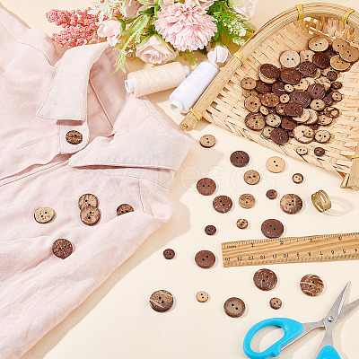 200Pcs 4 Style 2-Hole Flat Round Coconut Buttons BUTT-AR0001-03-1