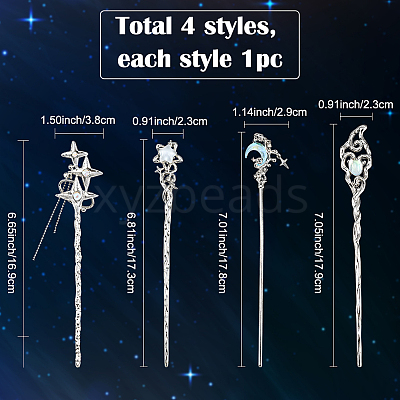 4Pcs 4 Styles Tibetan Style Alloy Resin Hair Sticks OHAR-SC0001-14-1