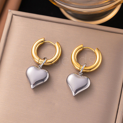 304 Stainless Steel Two Tone Heart Hoop Earrings EJEW-Z097-02GP-01-1