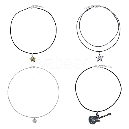 4Pcs 4 Style Star & Guitar Natural Dalmatian Jasper & Alloy Pendant Necklaces Set with Waxed Polyester Cords NJEW-FI0001-16-1