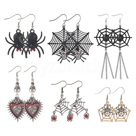 SUNNYCLUE 6 Pairs 6 Styles Halloween Spider Web & Heart with Evil Eye Alloy Enamel Dangle Earrings for Women EJEW-SC0001-37-1