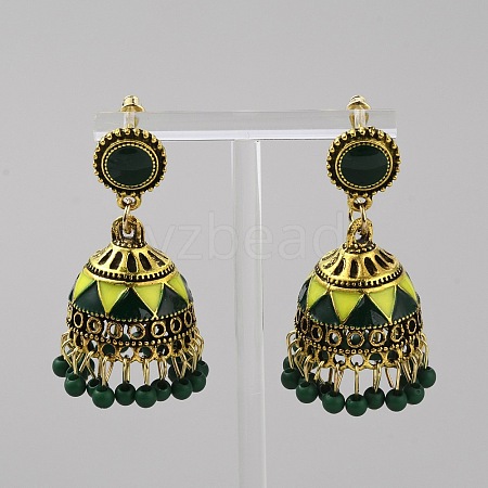 Ethnic Style 3D Enamel Bell with Seed Beeded Dangle Stud Earrings EJEW-WH0047-33A-1