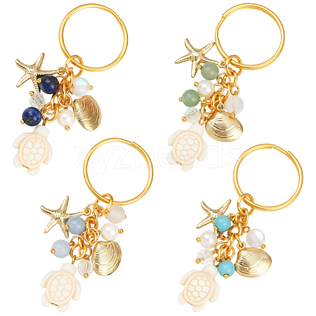 4Pcs 4 Colors Ocean Series Natural White Jade & Lapis Lazuli & Green Aventurine & Synthetic Turquoise & 304 Stainless Steel Starfish Shell Shape Turtle Keychains KEYC-SP00006-1