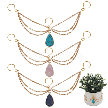 3Pcs Natural Rose Quartz Lapis Lazuli & Synthetic Turquoise Teardrop Charm Chain for Planters Decoration HJEW-OC00099-1