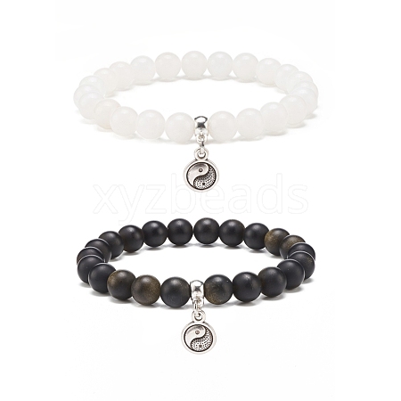 2Pcs 2 Style Natural Golden Sheen Obsidia & White Jade Stretch Bracelets Set with Alloy Yin Yang Charms BJEW-JB08446-1