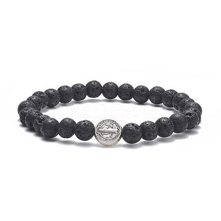 Natural Lava Rock & Alloy Saint Benedict Medal Beaded Strech Bracelet for Women BJEW-JB09345-01-1