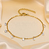 304 Stainless Steel Cable Chain with Flat Round Cubic Zirconia Charm Anklets WG525D3-02-1