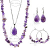 Bohemian Style Natural Amethyst Teardrop Pendant Necklaces & Chip Beaded Necklaces & Hoop Earrings & Dangle Earrings Sets WG11994-01-2