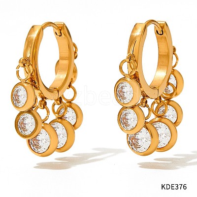 304 Stainless Steel Cubic Zirconia Flat Round Tassel Chandelier Earrings FS-WG9F9FA-03-1