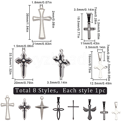 8Pcs 8 Styles 304 Stainless Steel Pendants STAS-SC0009-08-1