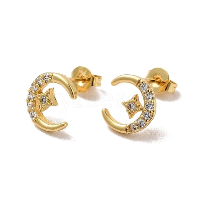 Clear Cubic Zirconia Moon with Star Stud Earrings EJEW-F301-07-1