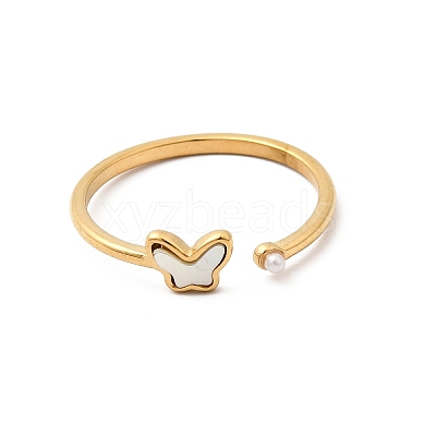 304 Stainless Steel & Natural Shell & Imitation Pearl Cuff Rings for Women RJEW-G372-01G-04-1