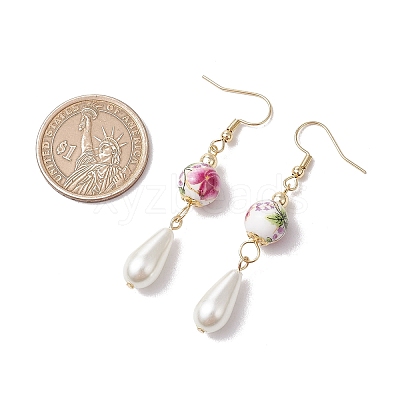 Round with Flower Pattern Porcelain Ceramic Dangle Earrings EJEW-JE06347-04-1